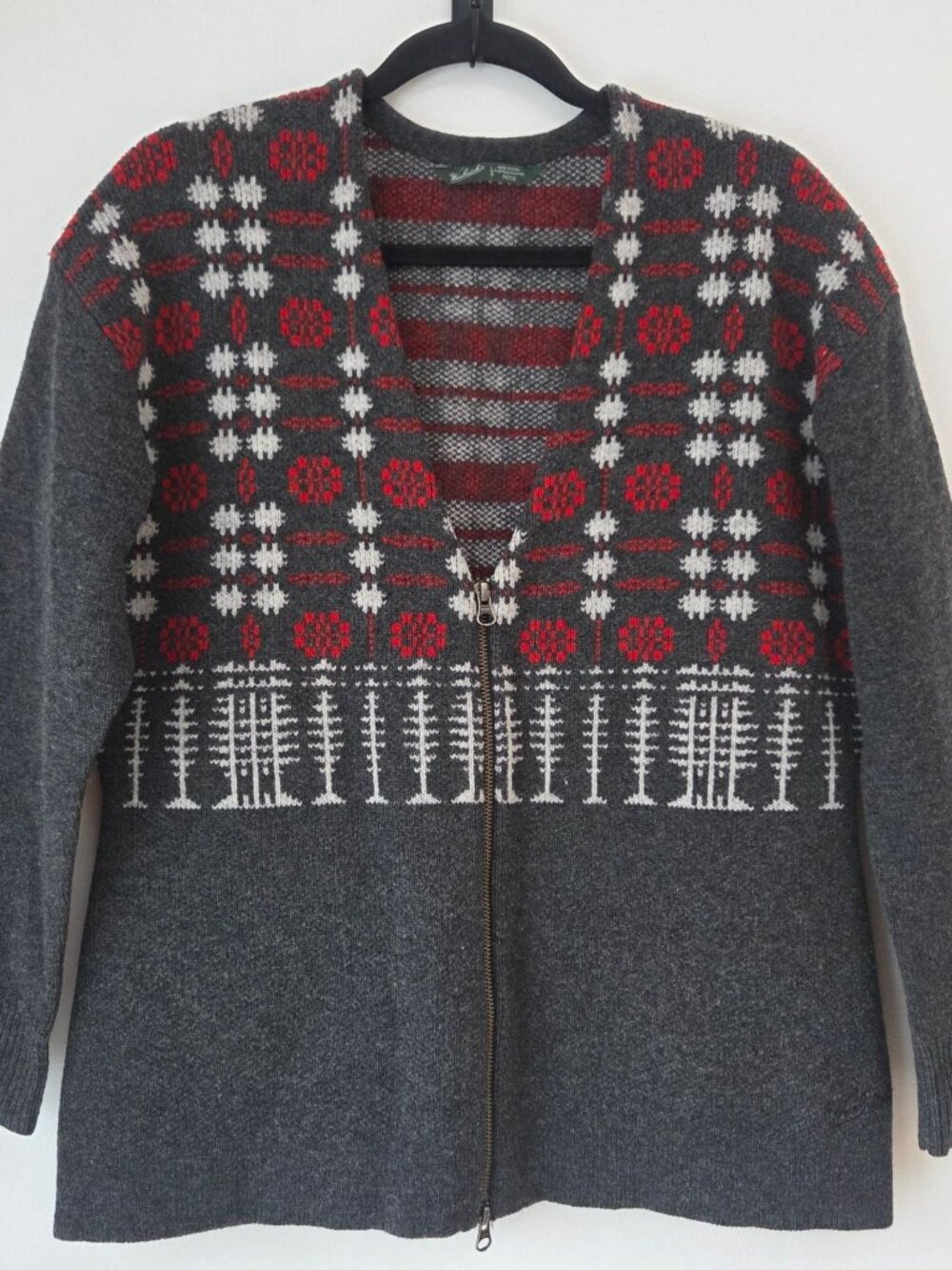 Woolrich 100% Wool Grey Cardigan Fair Isle Sweater Zip Front Women's L